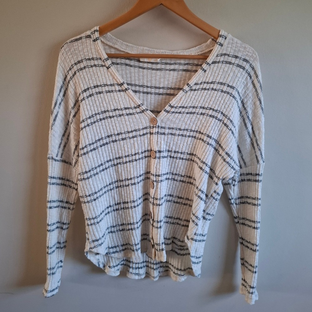 Y2K Preppy Fitted Cardigan Ribbed Striped Earthy Office 90s Coastal Casual Sz S